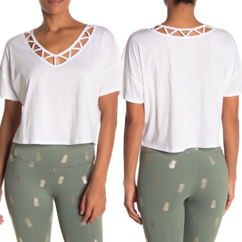 Beyond Yoga White To The Point Lattice Neck Tee View 4